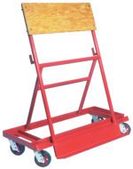 The red metal Vestil A-Frame Steel Truck features rubber casters and four wheels, designed to transport sheets with a wooden top panel and angled supports for stability. Dimensions: 22.75 X 42.625 inches.