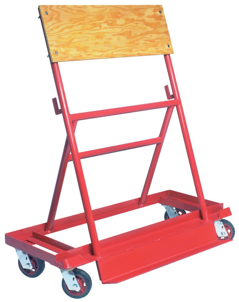 The red metal Vestil A-Frame Steel Truck features rubber casters and four wheels, designed to transport sheets with a wooden top panel and angled supports for stability. Dimensions: 22.75 X 42.625 inches.