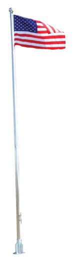 A tall flagpole displays the Vestil United States Nylon Flag 72W x 48H inches, with its red and white stripes fluttering beside a blue field of stars against a clear sky.