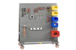 The Little Giant Mobile A-Frame - Lean Tool Cart is a versatile rolling pegboard organizer that stores tools including pliers, screwdrivers, hammers, and levels. It also holds wrench sets and essentials in colorful bins for efficient storage.