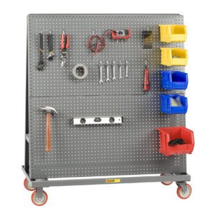 The Little Giant Mobile A-Frame - Lean Tool Cart is a versatile rolling pegboard organizer that stores tools including pliers, screwdrivers, hammers, and levels. It also holds wrench sets and essentials in colorful bins for efficient storage.