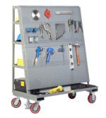 The Little Giant Mobile Pegboard with Back Shelf Storage features a pegboard for storing wrenches, pliers, hammers, and a level. It includes red wheels and a bottom shelf, ideal for holding your toolbox and drill.