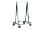 A gray industrial cart, similar to the Little Giant Adjustable Tray A-Frame Shelf Truck, with a sturdy A-frame design. It features a rectangular base and vertical support bars for material transport and is equipped with four black caster wheels for easy mobility.
