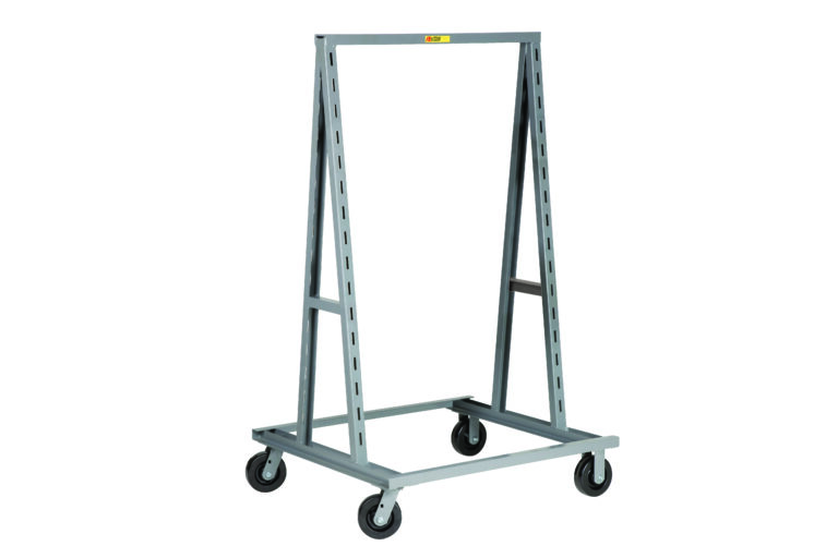 A gray industrial cart, similar to the Little Giant Adjustable Tray A-Frame Shelf Truck, with a sturdy A-frame design. It features a rectangular base and vertical support bars for material transport and is equipped with four black caster wheels for easy mobility.