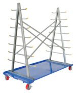The Vestil A-Frame Cart 36-3/4 W x 72 L features a blue metal frame on red and gray wheels, with multiple angled rods having yellow tips for efficient storage.
