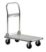 Against a plain white backdrop, the Vestil Aluminum Platform Truck 0.4K 18-1/2 x 30 showcases its flat surface, chrome handle, and sturdy black wheels, ideal for efficiently transporting items.