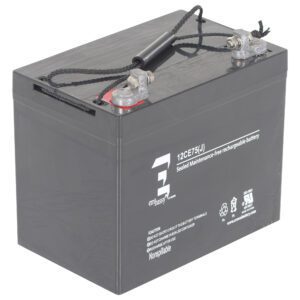The Vestil Agm Upgrade Battery (1) 12V is a black, maintenance-free rechargeable unit with top metallic terminals, a carrying strap, and white text specifying details and cautionary symbols on the front.