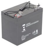 The Vestil AGM Upgradebattery (2) 12V is a black rectangular, sealed maintenance-free rechargeable battery with metallic terminals, a carrying strap, and has 12CE75(J) and nonspillable labels. It features safety icons and warnings on its surface.