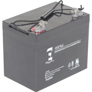 The Vestil AGM Upgradebattery (2) 12V is a black rectangular, sealed maintenance-free rechargeable battery with metallic terminals, a carrying strap, and has 12CE75(J) and nonspillable labels. It features safety icons and warnings on its surface.