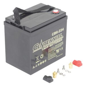A black AGM battery from Centennial, model CB6-224, has a top carrying strap. Nearby, red and black connectors, washers, and caps rest on a white surface—perfect for your Vestil Agm Upgrade Battery (4) 6V system enhancements.