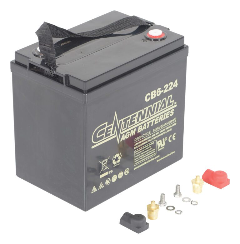 A black AGM battery from Centennial, model CB6-224, has a top carrying strap. Nearby, red and black connectors, washers, and caps rest on a white surface—perfect for your Vestil Agm Upgrade Battery (4) 6V system enhancements.