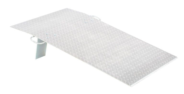 The Vestil Aluminum Hand Truck Dockplate 0.7K 30X48 features a diamond plate surface for grip, a single leg support, and two side handles. It measures 30x48 inches and supports up to 0.7K for easy transport.