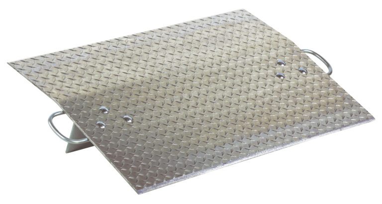 AH-3624_A.jpg The Vestil Aluminum Hand Truck Dockplate 0.7K 36X24 includes a diamond plate ramp with a textured surface, two side handles for easy carrying, small holes, and a sturdy support bracket underneath to ensure stability.