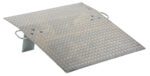The Vestil Aluminum Hand Truck Dockplate 0.7K 36X36 features a diamond plate pattern and two side handles, designed for sturdiness with visible screw holes. This angled ramp efficiently supports up to 700 pounds for loading or bridging small gaps.