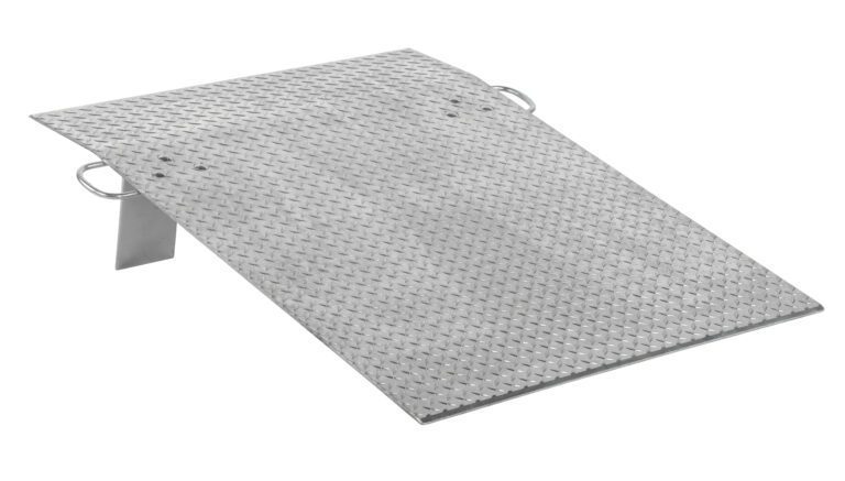A metallic Vestil Aluminum Hand Truck Dockplate (36x48) features a diamond-plate design with two side handles and a rear raised section for stability, supporting up to 0.7K.