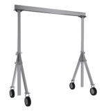 The Vestil Aluminum Gantry Crane with pneumatic casters features a sturdy horizontal beam, dual black wheels on each A-frame leg for easy transport and versatile lifting, all set against a plain white background.