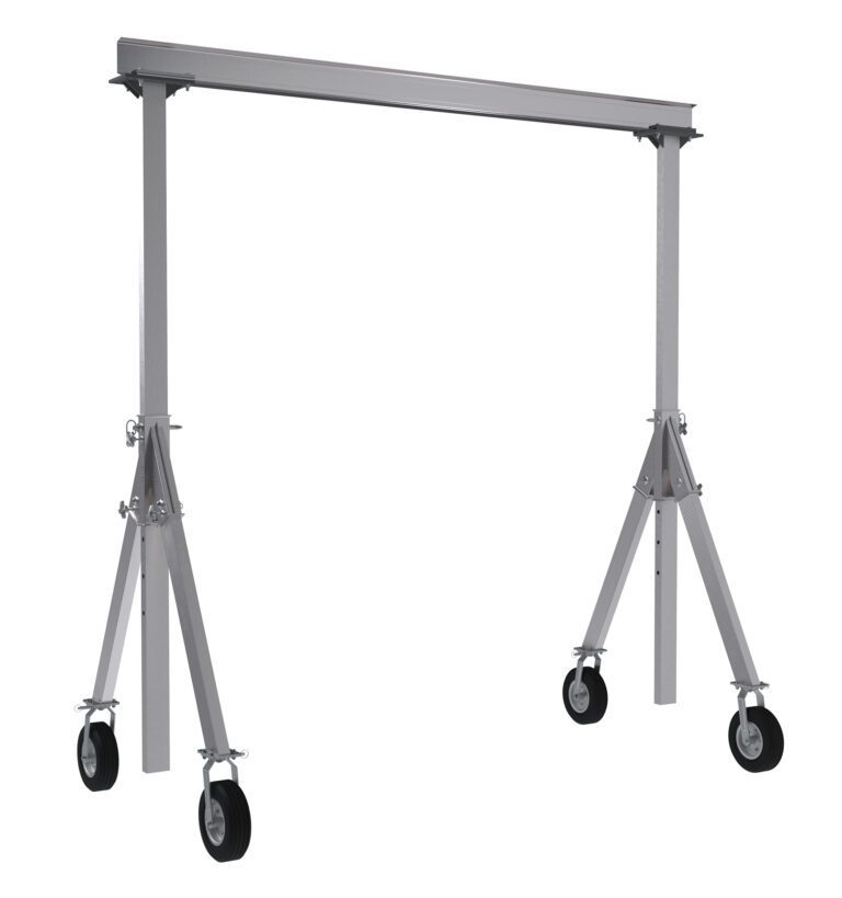The Vestil Aluminum Gantry Crane W/Pnu Caster 8X12 has a sturdy rectangular frame with pneumatic caster wheels for easy movement, adjustable height legs, and an 8x12 beam, ideal for efficient lifting on a plain white backdrop.