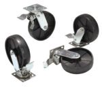 The Vestil Alum Gantry Crane Caster 8X2 Total Lock, a set of four black swivel casters with 8X2 black plastic wheels and sturdy gray metal hardware, is shown on a white background. Each caster has a strong total lock mechanism for secure positioning.
