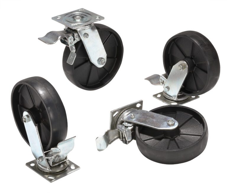 The Vestil Alum Gantry Crane Caster 8X2 Total Lock, a set of four black swivel casters with 8X2 black plastic wheels and sturdy gray metal hardware, is shown on a white background. Each caster has a strong total lock mechanism for secure positioning.