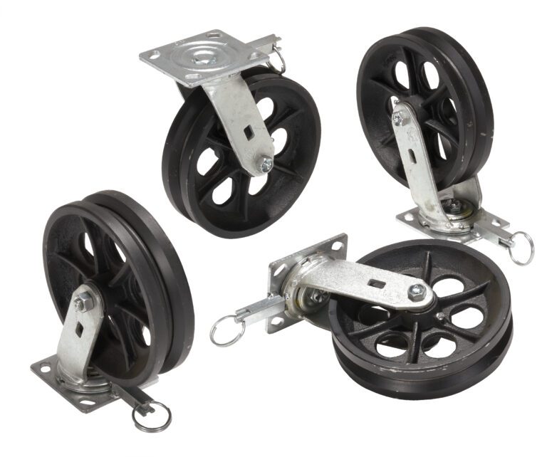 On a white background, four black caster wheels with metal brackets stand out, echoing the robust design of the Vestil Alum Gantry Crane V-Groove W/Locks 8X2. Each wheel sports a five-spoke design and swivel plate for mounting, alongside V-Groove locks and a securing loop.