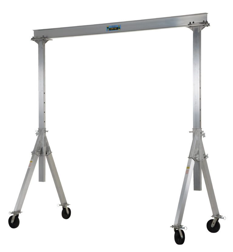 The Vestil Adjust Aluminum Gantry Crane 4K 12 X 10 is a portable crane with an adjustable aluminum frame, ensuring easy mobility via its rectangular structure and four wheels, perfect for lifting heavy loads in workshops or construction sites.