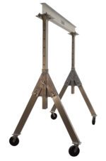 The Vestil Adjust Aluminum Gantry Crane 4K 8 X 8 features adjustable height, a strong horizontal beam on two vertical legs, triangular supports, and wheels for mobility, offering industrial strength and durability.