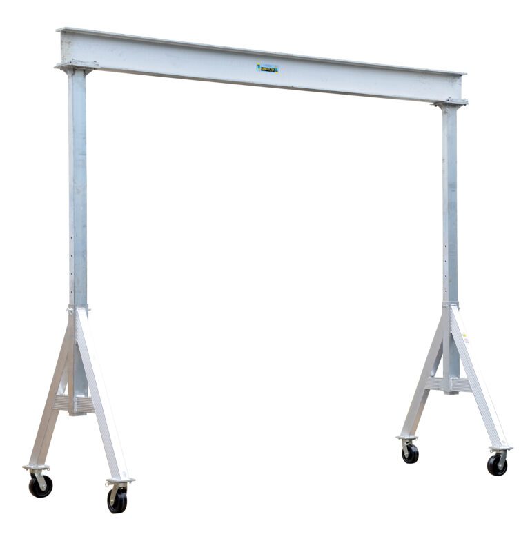 The Vestil Adjust Aluminum Gantry Crane 6K 15 X 12 is a mobile crane with four wheels and an adjustable horizontal beam supported by two vertical legs. Ideal for lifting heavy items, it suits workshops and construction sites.