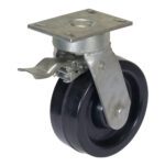 The Vestil Alum Gantry Crane Caster 8 X 3 Total Lock features a single swivel caster with a metal mounting plate, black rubber tire, and metal brake lever, ensuring total lock capability for moving heavy-duty furniture or equipment.