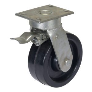 The Vestil Alum Gantry Crane Caster 8 X 3 Total Lock features a single swivel caster with a metal mounting plate, black rubber tire, and metal brake lever, ensuring total lock capability for moving heavy-duty furniture or equipment.