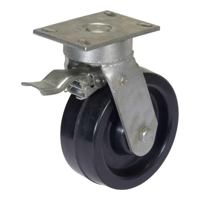 The Vestil Alum Gantry Crane Caster 8 X 3 Total Lock features a single swivel caster with a metal mounting plate, black rubber tire, and metal brake lever, ensuring total lock capability for moving heavy-duty furniture or equipment.