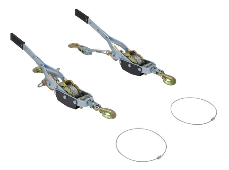 Two metal Come-A-Long pullers with hooks, ratchets, and wire ropes resemble parts from a Vestil Alum Gantry Crane Come-A-Long Adj Kit. Black grips adorn the handles, shown facing opposite directions, while cables coil separately near each puller.
