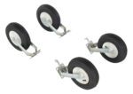 Four Vestil Alum Gantry Crane Pnu Retro Lock Casters with black rubber wheels and white hubs are mounted on metal brackets. Displaying detailed tread patterns, these casters are perfect for use with the Alum Gantry Crane or equipment requiring secure Pnu Retro Lock compatibility.