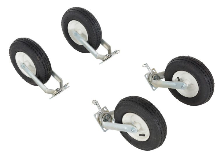 Four Vestil Alum Gantry Crane Pnu Retro Lock Casters with black rubber wheels and white hubs are mounted on metal brackets. Displaying detailed tread patterns, these casters are perfect for use with the Alum Gantry Crane or equipment requiring secure Pnu Retro Lock compatibility.