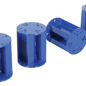 Four Vestil Stationary Leg Option brackets, designed for field installation, are displayed on a white background: three upright and one tilted. These blue cylindrical metal brackets feature slotted cutouts and flat tops with bolt holes.