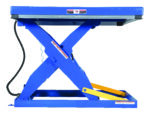 The Vestil Air/Hydra Scissor Lift Table 3K in blue, measuring 24.375 x 48.375, features a durable steel frame with warning labels, an X-shaped lift mechanism, side black cable, and a yellow bar within the support structure.
