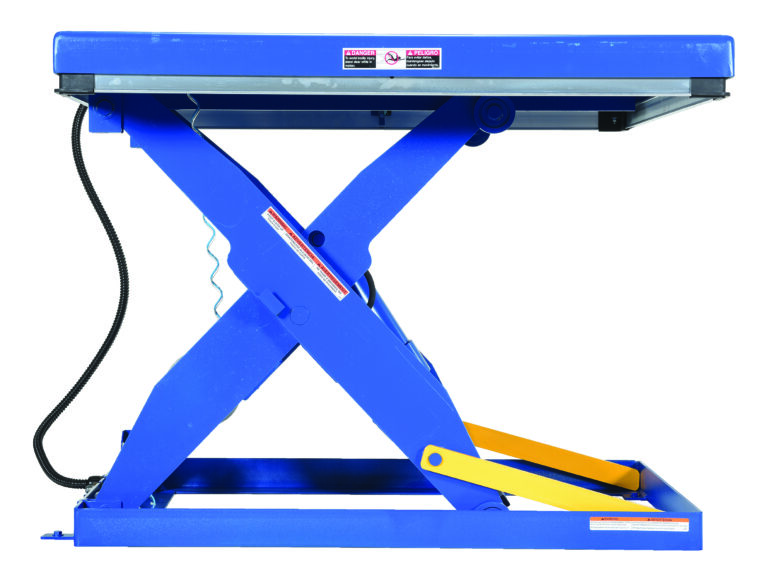 AHLT-2448-3-43_A.jpg The Vestil Air/Hydra Scissor Lift Table 3K in blue, measuring 24.375 x 48.375, features a durable steel frame with warning labels, an X-shaped lift mechanism, side black cable, and a yellow bar within the support structure.