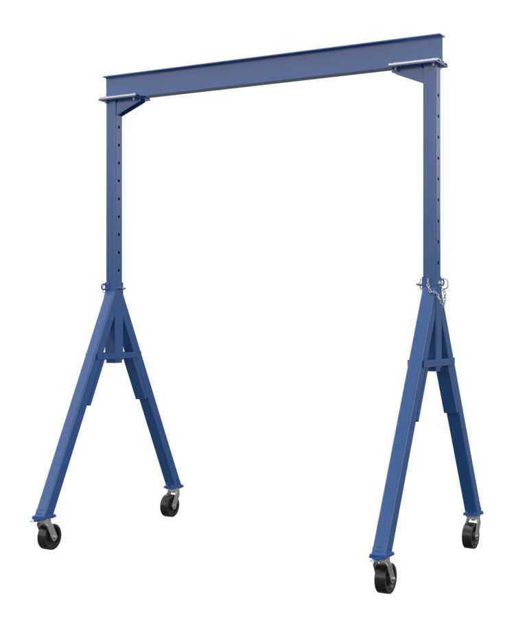 AHS-2-10-14_A.jpg The Vestil Adj Height Steel Gantry Crane 2K 10 X 14 is a blue, adjustable steel crane with four wheels and a sturdy A-frame design, ideal for heavy lifting and mobility in industrial or construction settings.