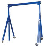The blue Vestil Adj Height Steel Gantry Crane 2K 15 X 16 features adjustable height, four wheels for easy mobility, sturdy A-frame legs, and a horizontal top beam, ideal for efficiently handling heavy lifting tasks.
