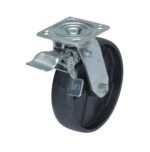The Vestil Stl Gantry Crane Caster 8 x 2 Total Lock comes with a black wheel, metallic mounting plate, and a total lock brake lever. The side view showcases its round shape and intricate metal details.