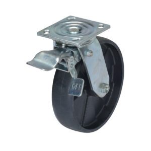The Vestil Stl Gantry Crane Caster 8 x 2 Total Lock comes with a black wheel, metallic mounting plate, and a total lock brake lever. The side view showcases its round shape and intricate metal details.