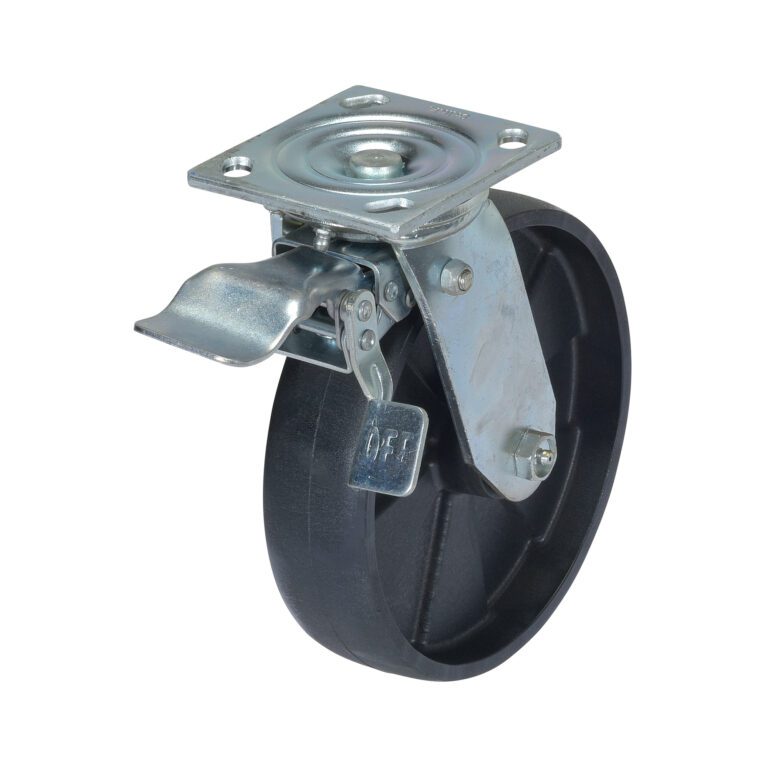 AHS-2-4-TLC_A.jpg The Vestil Stl Gantry Crane Caster 8 x 2 Total Lock comes with a black wheel, metallic mounting plate, and a total lock brake lever. The side view showcases its round shape and intricate metal details.