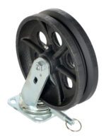 A black rubber caster wheel with a metal mounting bracket is similar to the durable Vestil Stl Gantry Crane V-Groove Wheels 8 X 2. It has a solid rubber tread, five spokes, and a metal pin for swivel maneuverability.