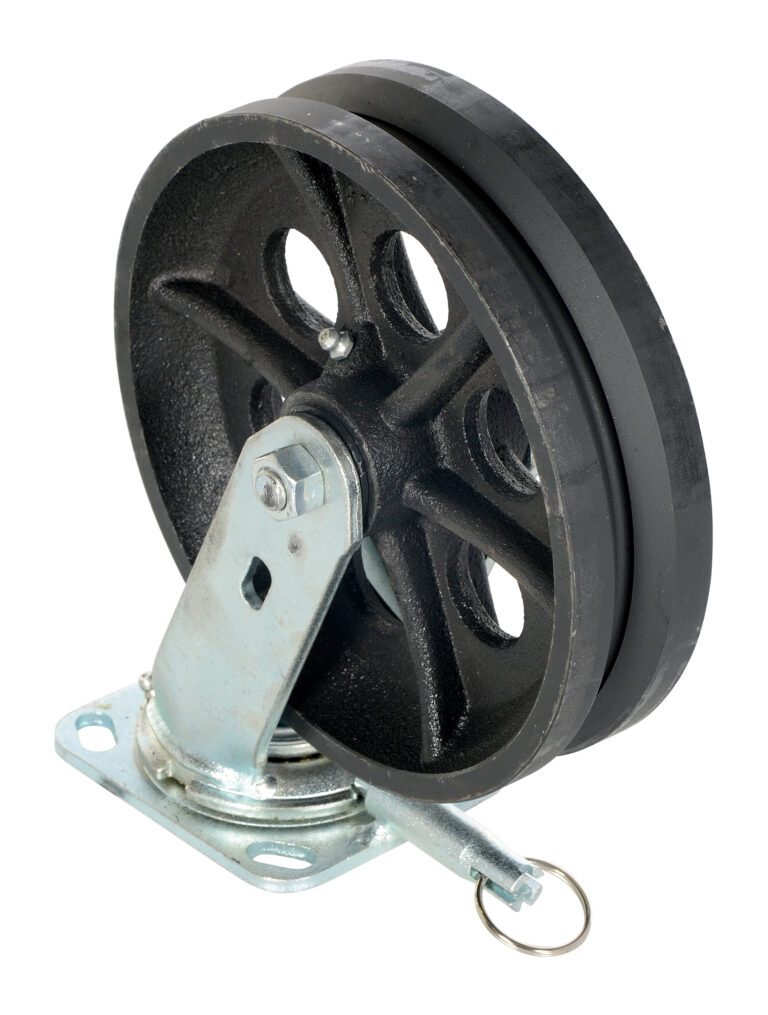 A black rubber caster wheel with a metal mounting bracket is similar to the durable Vestil Stl Gantry Crane V-Groove Wheels 8 X 2. It has a solid rubber tread, five spokes, and a metal pin for swivel maneuverability.