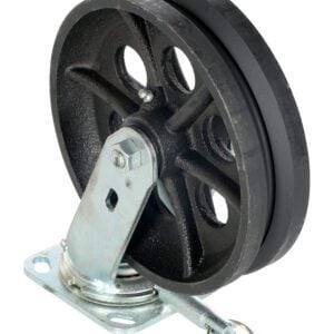 A black rubber caster wheel with a metal mounting bracket is similar to the durable Vestil Stl Gantry Crane V-Groove Wheels 8 X 2. It has a solid rubber tread, five spokes, and a metal pin for swivel maneuverability.