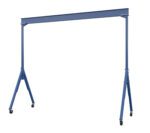 The blue Vestil Adj Height Steel Gantry Crane 4K 20 X 12 features adjustable legs on wheels, a metal design, and triangular frames supporting the beam, ideal for lifting heavy loads in industrial settings.