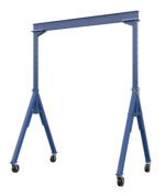 The Vestil Adj Height Steel Gantry Crane 6K 10 X 14 has an adjustable blue metal frame with a horizontal beam, two vertical legs, and four swivel caster wheels for easy mobility, all featuring lockable wheels for enhanced stability.