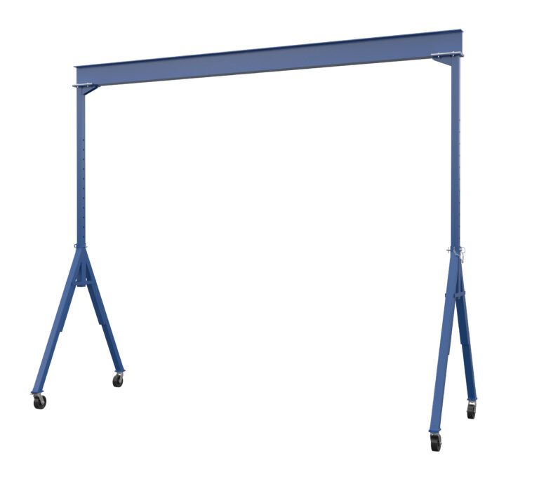 AHS-6-20-12_A.jpg The blue Vestil Adj Height Steel Gantry Crane 6K 20 X 12 features adjustable height and four wheels for easy mobility. It has a horizontal beam supported by two vertical A-frame legs, enabling smooth movement and efficient heavy load lifting.