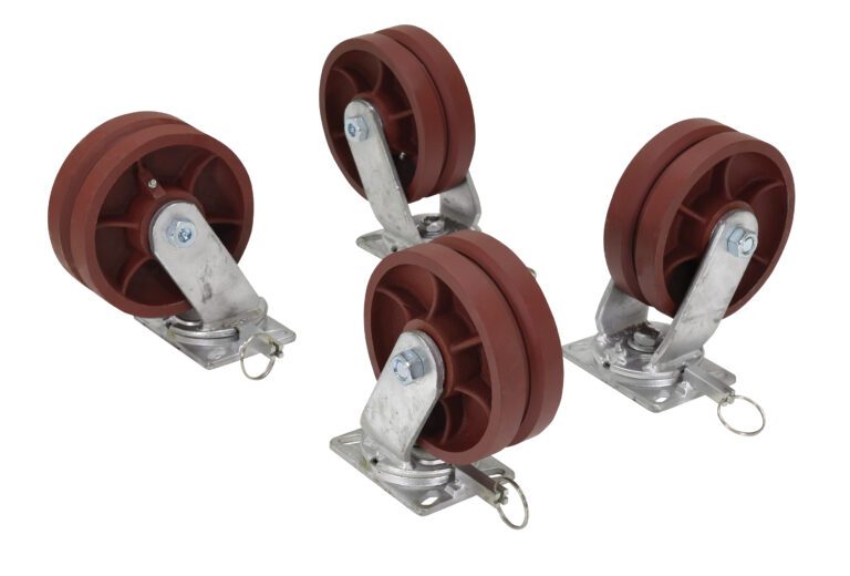 A set of four red heavy-duty caster wheels with metal brackets and gray mounting plates, suitable for the Vestil Stl Gantry Crane V-Groove Wheels 8 X 3, features a sturdy metal stem and small silver safety latch for secure attachment.