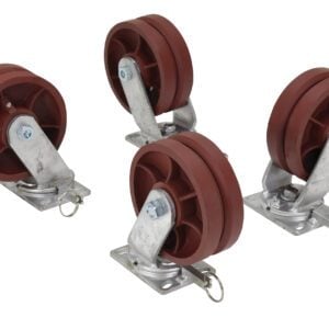 A set of four red heavy-duty caster wheels with metal brackets and gray mounting plates, suitable for the Vestil Stl Gantry Crane V-Groove Wheels 8 X 3, features a sturdy metal stem and small silver safety latch for secure attachment.