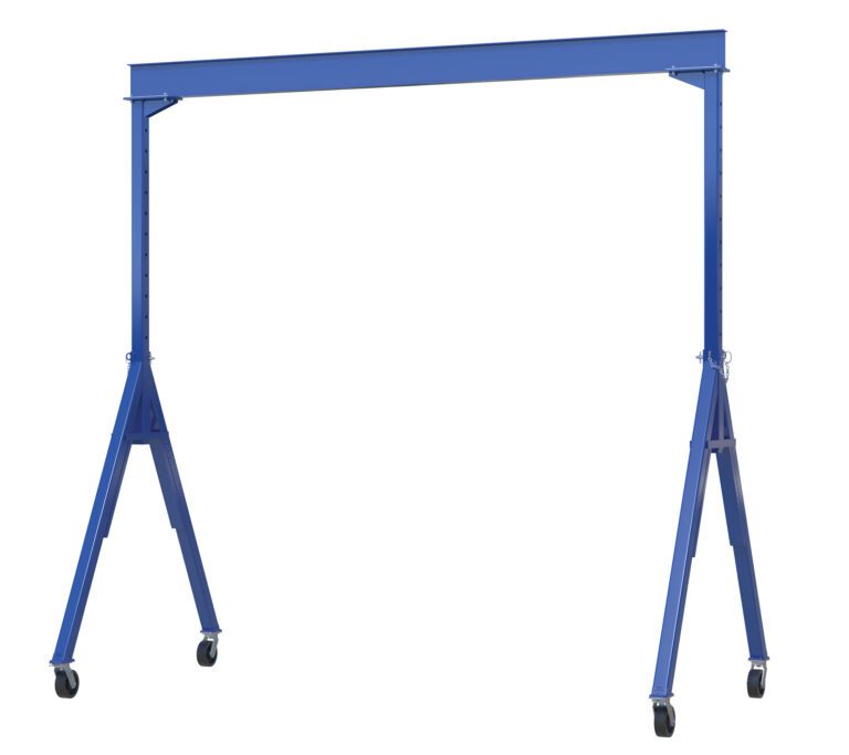 AHS-8-15-9_A.jpg The Vestil Adj Height Steel Gantry Crane 8K 15X 9 is a versatile blue gantry crane with adjustable height. Its sturdy rectangular frame and four wheels ensure easy mobility, making it ideal for lifting and moving heavy items in workshops or warehouses efficiently.